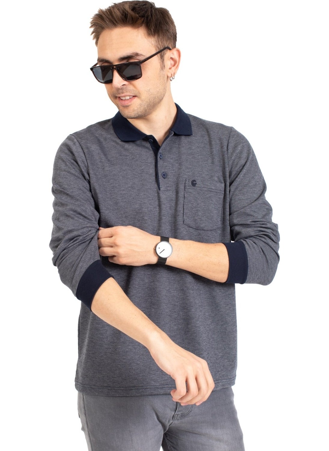 Men's Middle Age and Above Polo Collar Pocket Long Sleeved Corduroy Seasonal Sweatshirt 1219-Gray