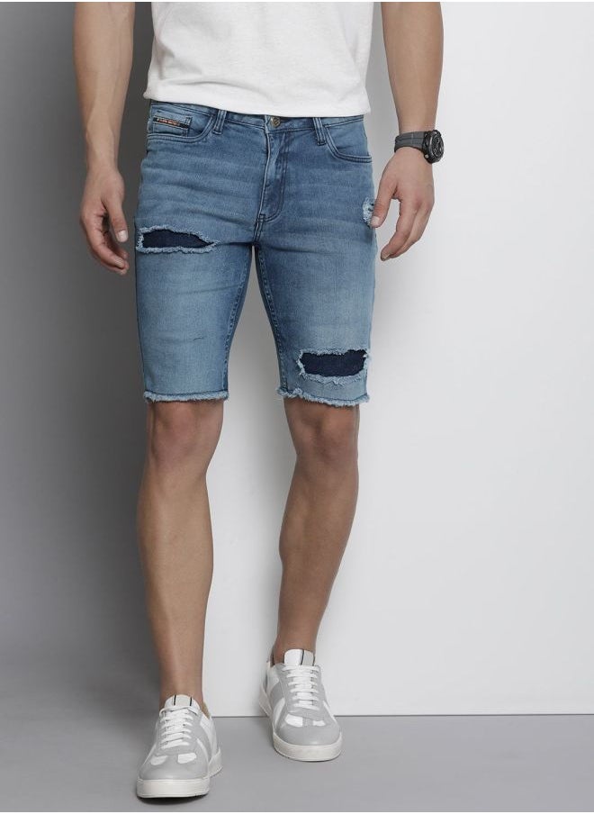 Men Slim Fit Solid Mid-Rise Denim Shorts