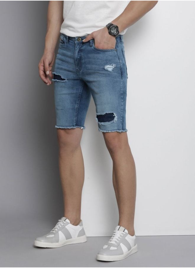 Men Slim Fit Solid Mid-Rise Denim Shorts