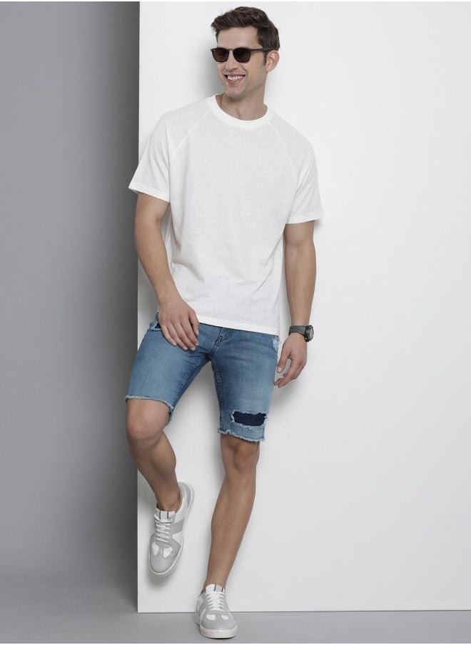 Men Slim Fit Solid Mid-Rise Denim Shorts