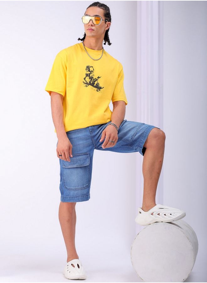 Men Relaxed Fit Solid Mid-Rise Denim Cargo Shorts