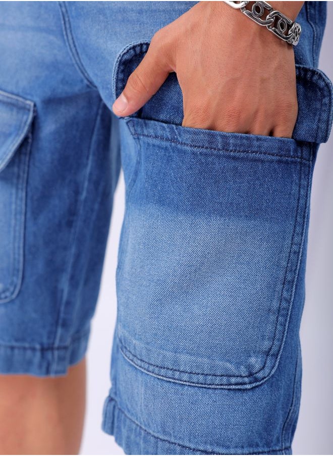 Men Relaxed Fit Solid Mid-Rise Denim Cargo Shorts