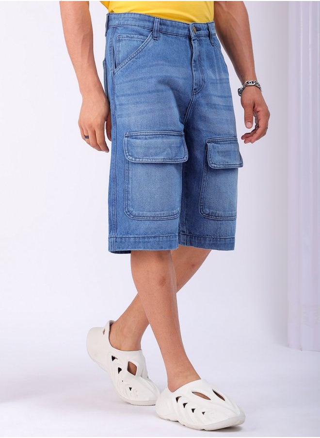 Men Relaxed Fit Solid Mid-Rise Denim Cargo Shorts