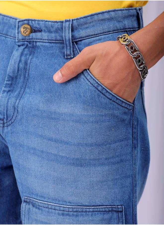 Men Relaxed Fit Solid Mid-Rise Denim Cargo Shorts