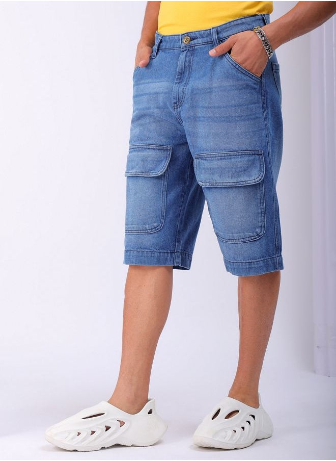 Men Relaxed Fit Solid Mid-Rise Denim Cargo Shorts