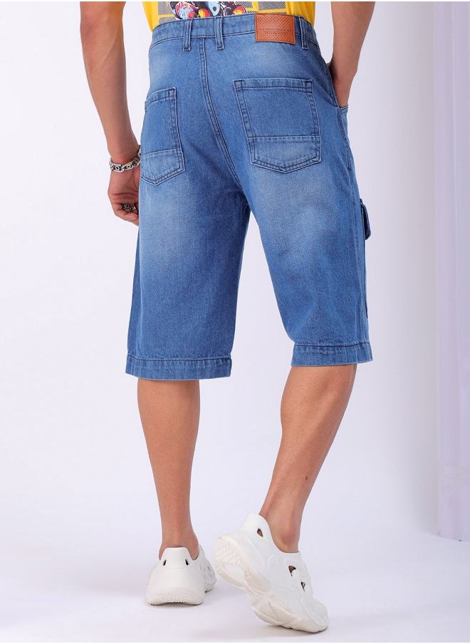 Men Relaxed Fit Solid Mid-Rise Denim Cargo Shorts