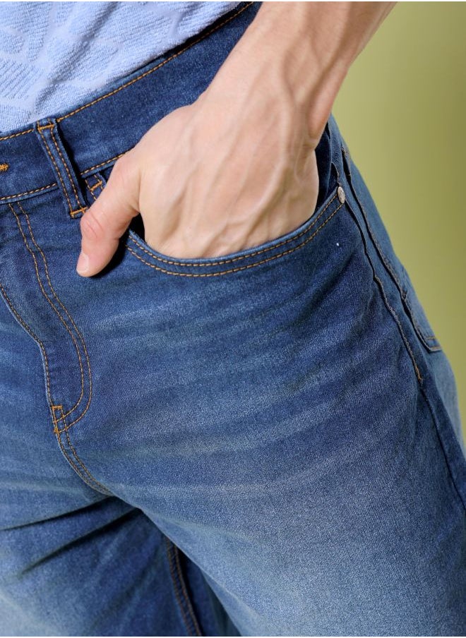 Men Regular Fit Solid Mid-Rise Denim Shorts