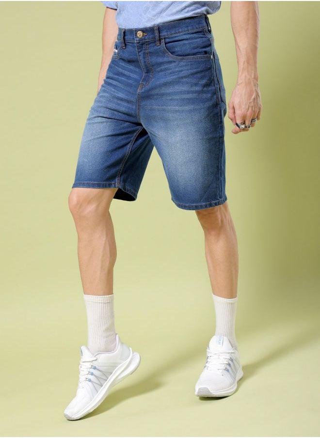 Men Regular Fit Solid Mid-Rise Denim Shorts