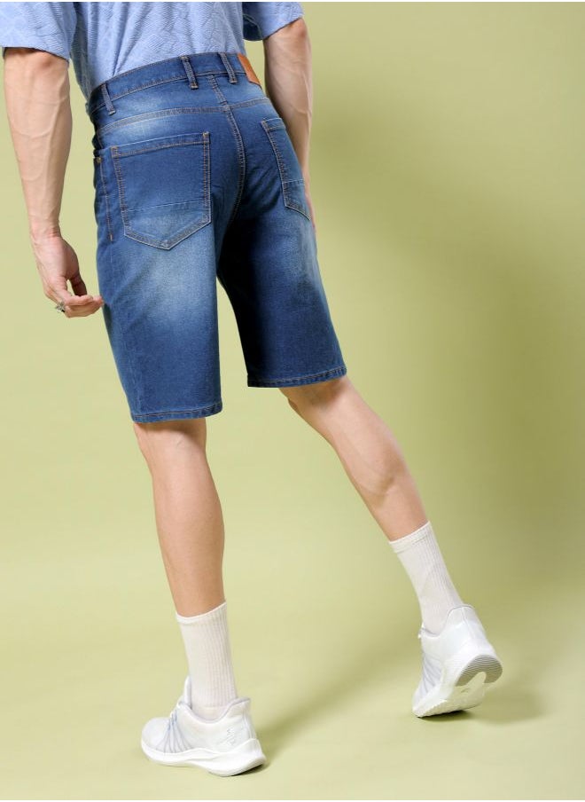 Men Regular Fit Solid Mid-Rise Denim Shorts