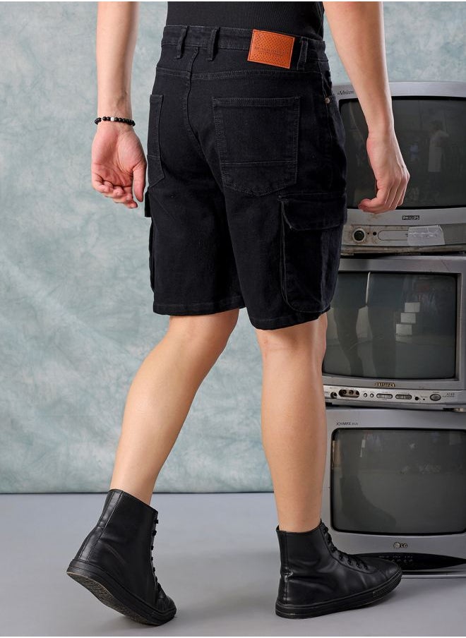 Men G-505-CARGO SHORTS Solid Mid-Rise Denim Cargo Shorts
