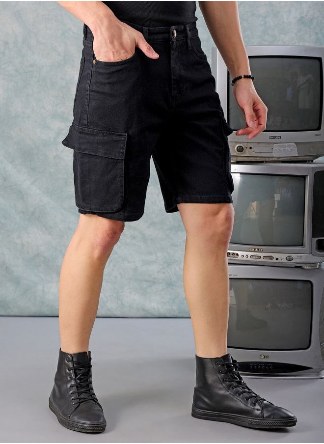 Men G-505-CARGO SHORTS Solid Mid-Rise Denim Cargo Shorts