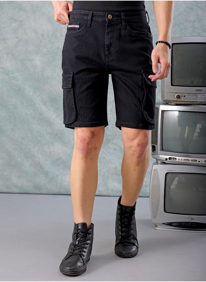 Men G-505-CARGO SHORTS Solid Mid-Rise Denim Cargo Shorts
