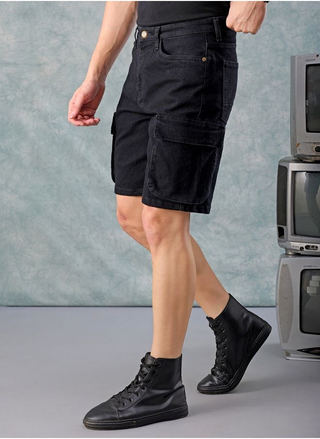 Men G-505-CARGO SHORTS Solid Mid-Rise Denim Cargo Shorts