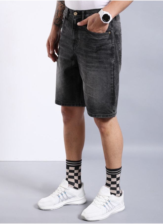 Men Regular Fit Solid Mid-Rise Denim Shorts