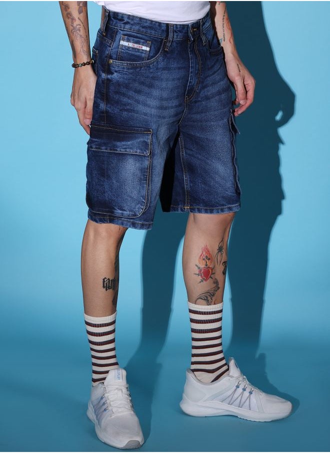 Men G-505-CARGO SHORTS Solid Mid-Rise Denim Cargo Shorts