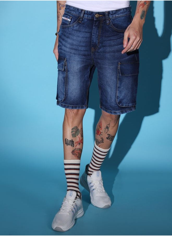 Men G-505-CARGO SHORTS Solid Mid-Rise Denim Cargo Shorts