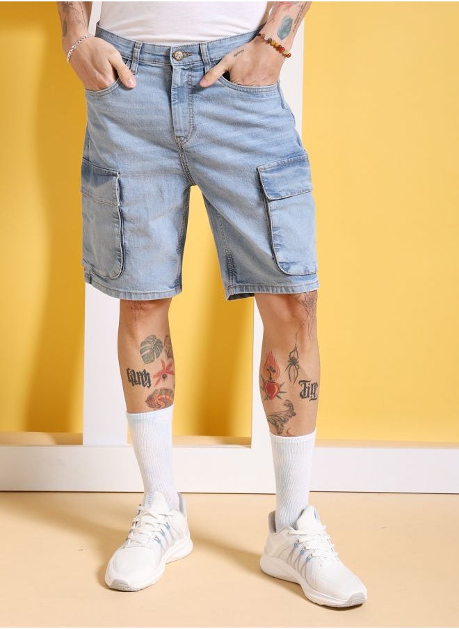 Men G-505-CARGO SHORTS Solid Mid-Rise Denim Cargo Shorts