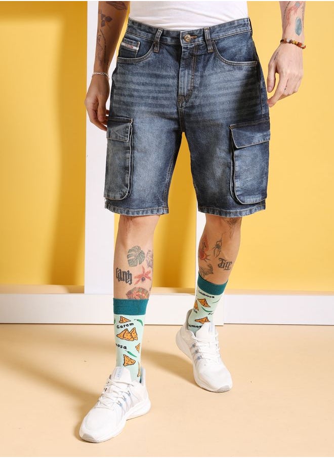 Men G-505-CARGO SHORTS Solid Mid-Rise Denim Cargo Shorts