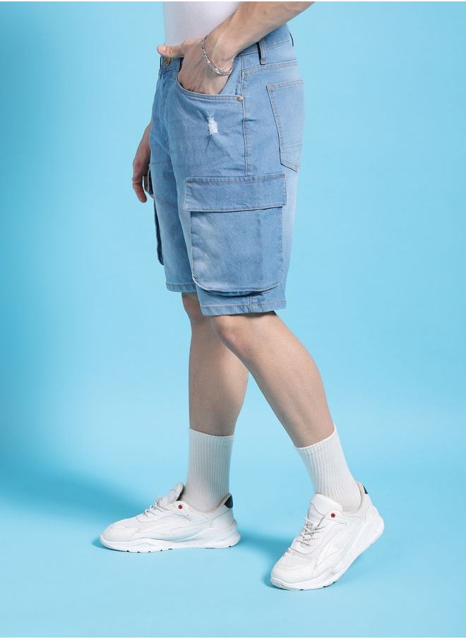 Men G-505-CARGO SHORTS Solid Mid-Rise Denim Cargo Shorts