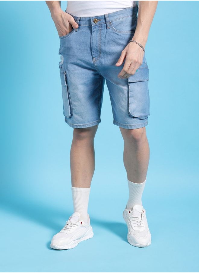 Men G-505-CARGO SHORTS Solid Mid-Rise Denim Cargo Shorts