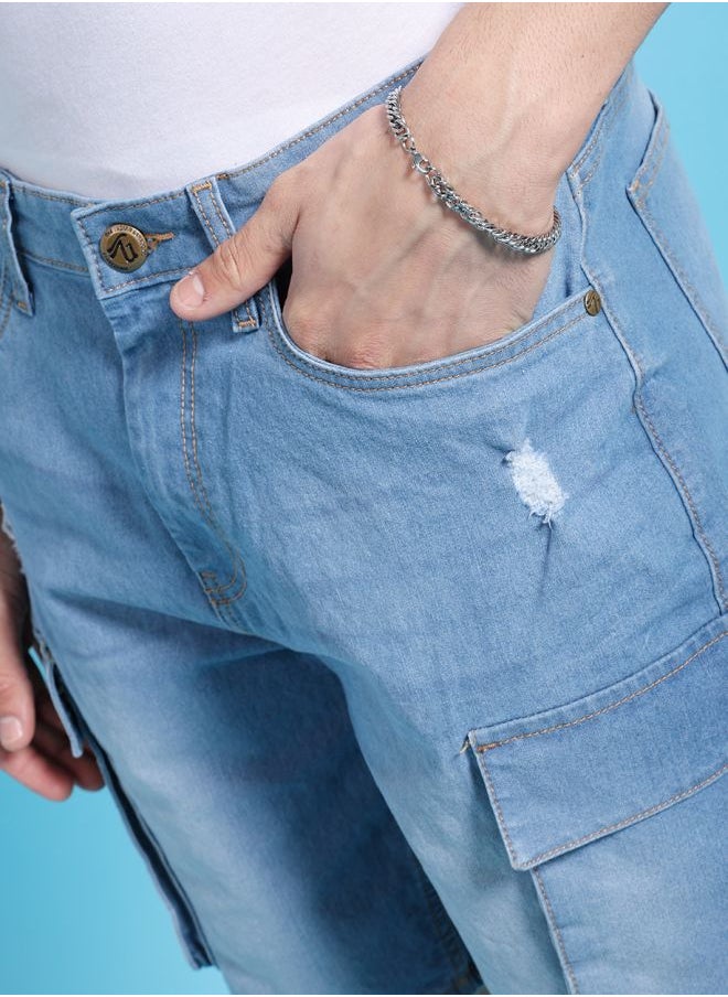 Men G-505-CARGO SHORTS Solid Mid-Rise Denim Cargo Shorts