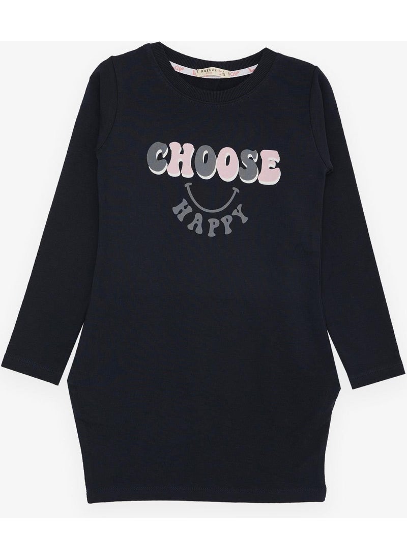 Girl's Tunic Happiness Themed Text Printed 8-12 Years, Navy Blue