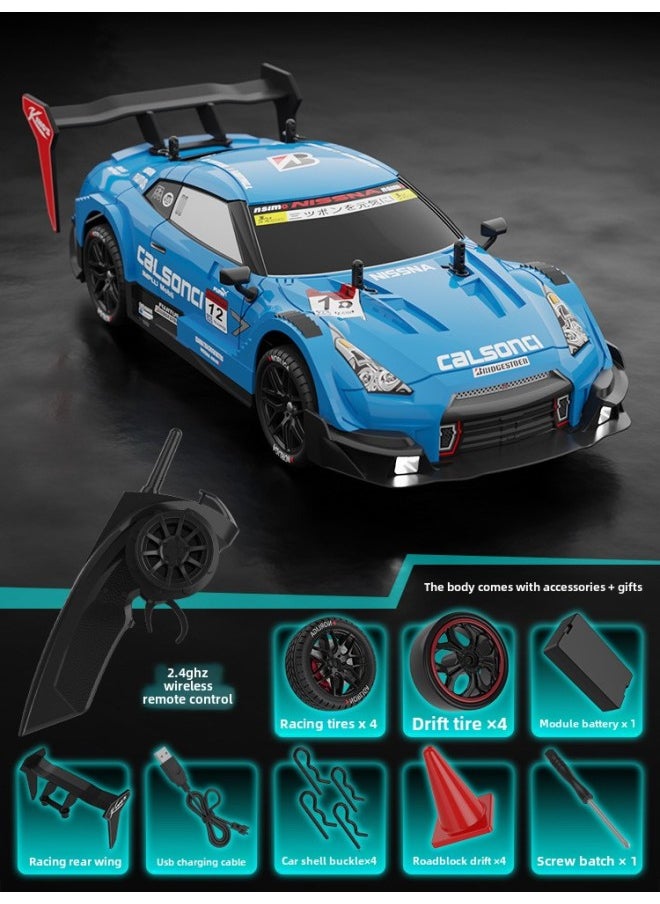 RC Remote Control High-speed Car Proportional Acceleration Car Four-wheel Drive Off-road Drift Racing Children's Simulation Electric Toys Wholesale-Color:Blue GTR-Proportion:English Color Box