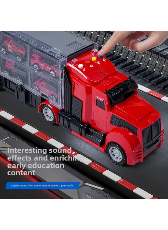 Alloy Engineering Vehicle Children's Storage Container Truck Large Rail Transport Vehicle Early Education Educational Toys Car Wholesale-Color:Fire Short-head Container Truck + Equation Racing Helicopter