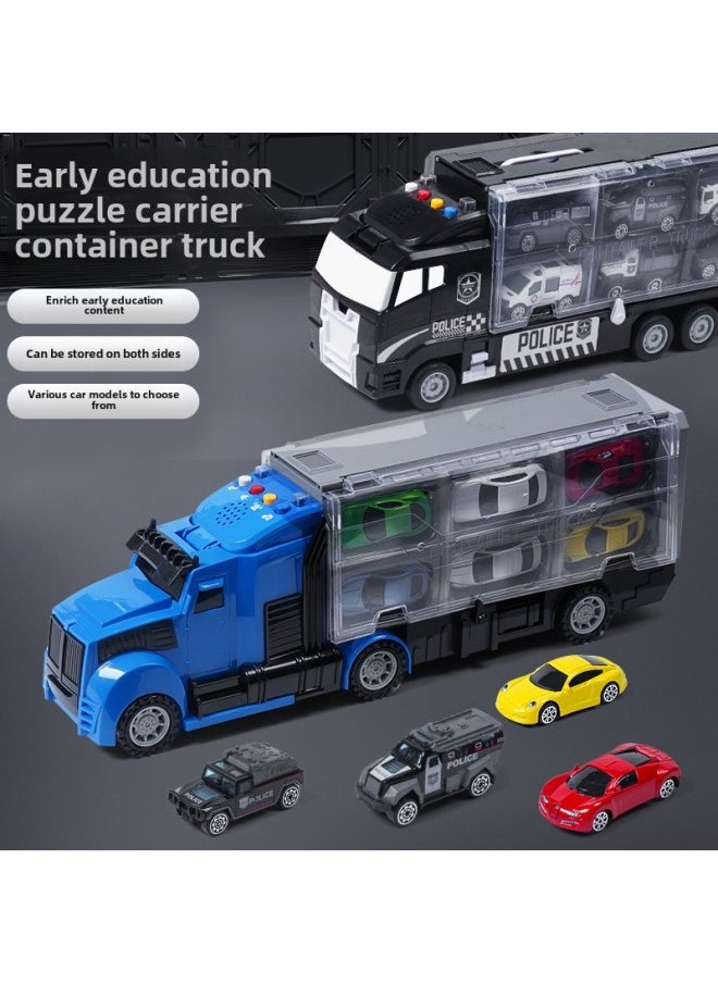 Alloy Engineering Vehicle Children's Storage Container Truck Large Rail Transport Vehicle Early Education Educational Toys Car Wholesale-Color:Fire Short-head Container Truck + Equation Racing Helicopter