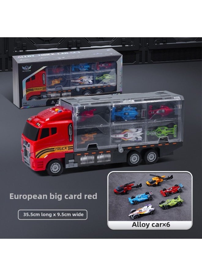 Alloy Engineering Vehicle Children's Storage Container Truck Large Rail Transport Vehicle Early Education Educational Toys Car Wholesale-Color:Fire Short-head Container Truck + Equation Racing Helicopter