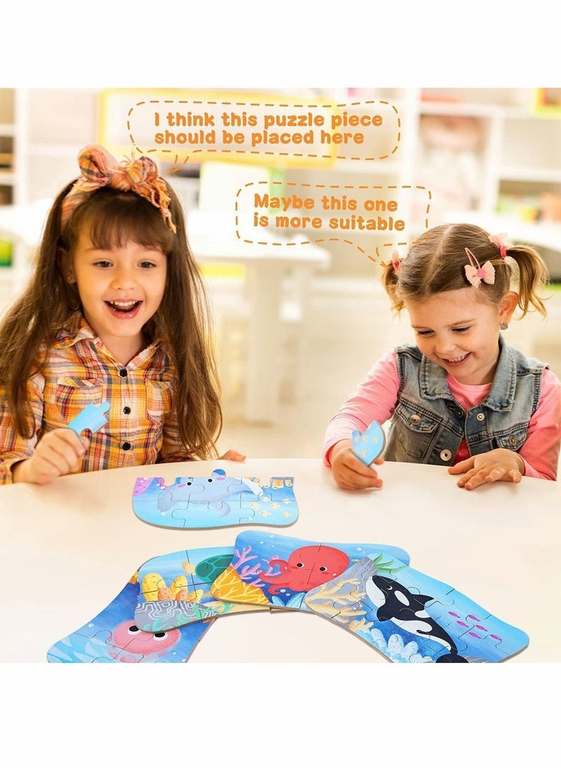 Sea Animal Puzzles for 3 4 5 6 Year Olds, 5-in-1 Jigsaw with Iron Box Storage, Puzzle Toys Gifts Boys, Girls, Kids and Children (Sea Puzzles)