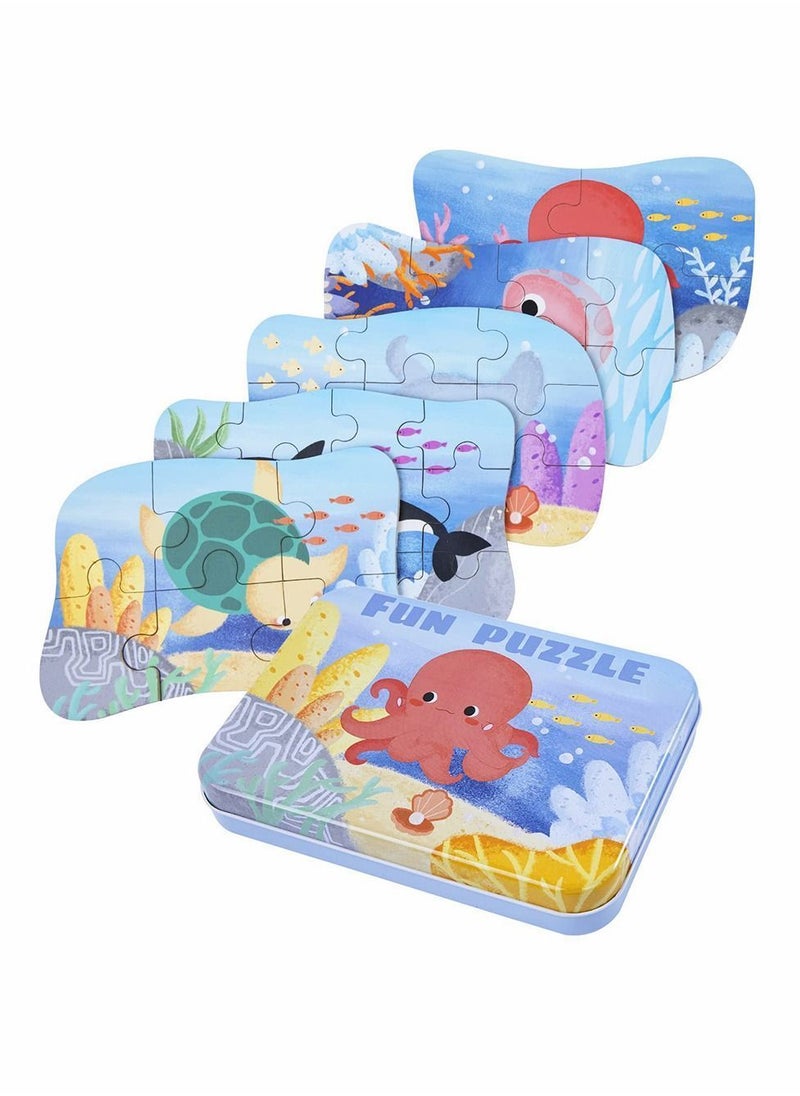 Sea Animal Puzzles for 3 4 5 6 Year Olds, 5-in-1 Jigsaw with Iron Box Storage, Puzzle Toys Gifts Boys, Girls, Kids and Children (Sea Puzzles)