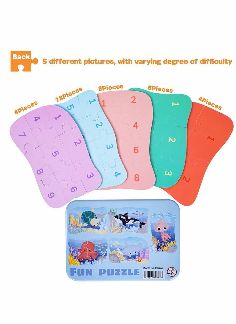 Sea Animal Puzzles for 3 4 5 6 Year Olds, 5-in-1 Jigsaw with Iron Box Storage, Puzzle Toys Gifts Boys, Girls, Kids and Children (Sea Puzzles)