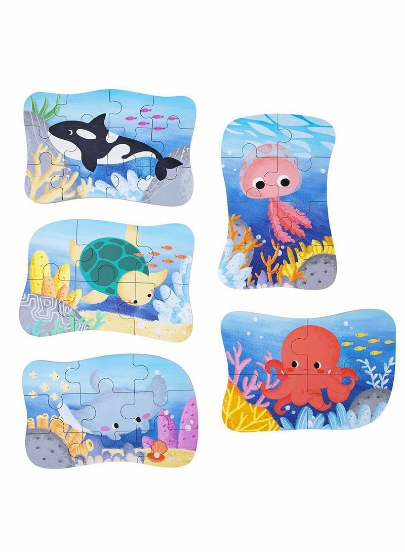 Sea Animal Puzzles for 3 4 5 6 Year Olds, 5-in-1 Jigsaw with Iron Box Storage, Puzzle Toys Gifts Boys, Girls, Kids and Children (Sea Puzzles)