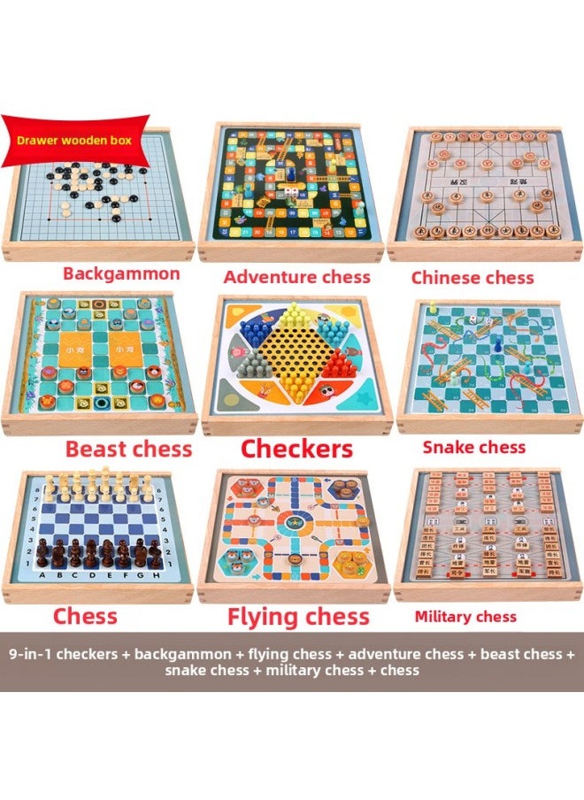 Checkers Children's Puzzle Flying Chess Wooden Multifunctional Backgammon Adventure Game Chess Toys Parent-Child Board Game-Color:Nine In One [wooden Box] Full Set Of 9 Kinds Of Chess
