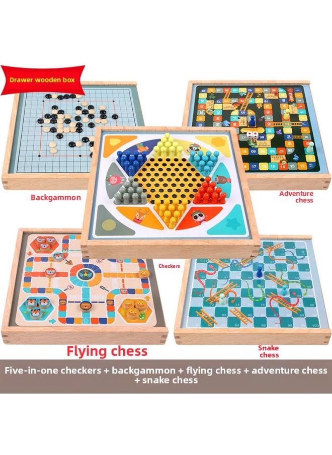 Checkers Children's Puzzle Flying Chess Wooden Multifunctional Backgammon Adventure Game Chess Toys Parent-Child Board Game-Color:Five In One [wooden Box] Checkers + Flight Chess + Adventure Chess + Gobang + Snake Chess