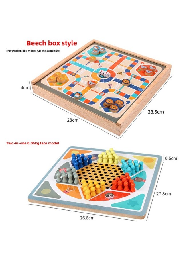 Checkers Children's Puzzle Flying Chess Wooden Multifunctional Backgammon Adventure Game Chess Toys Parent-Child Board Game-Color:3 In One [wooden Box] Checkers + Snake Chess + Adventure Chess