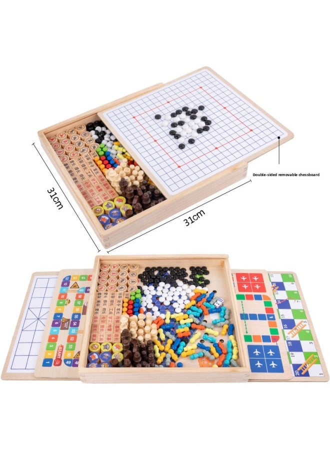 Wooden All-in-One Checkers Flying Chess Gobang Colosseum Chess Game Multifunctional Chess Children Student Educational Toys-Specifications:Large Three-in-one Jump Five Probe
