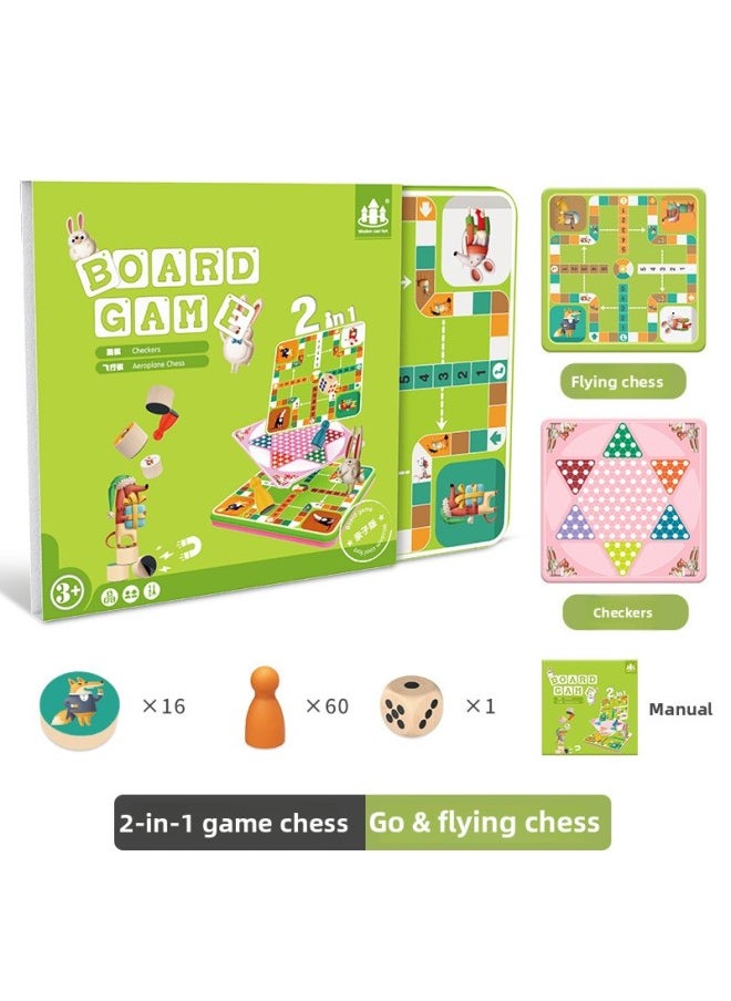 Magnetic Iron Box Chess Flying Chess Multifunctional Table Game Chess Children's Educational Thinking Training Wooden Toys-Color:Checkers And Flying Chess