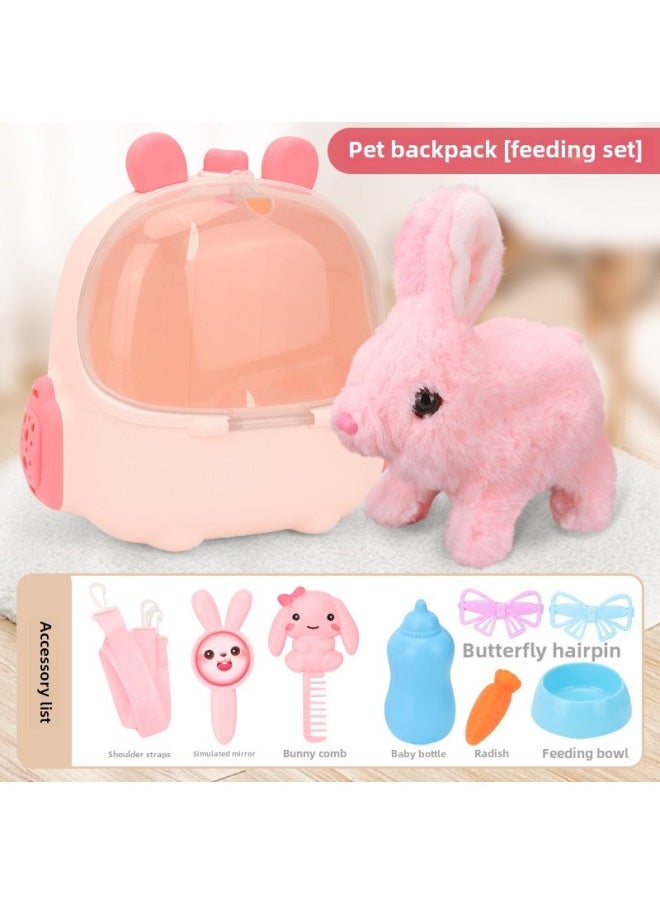 Children's Electric Simulation Small White Rabbit Will Call Girls Pet Doll Backpack Dog Gift Puzzle Plush Toy-Colors:Short Ear Backpack Pink Electric Rabbit Feeding Package-Specifications:Rechargeable Battery + Charger