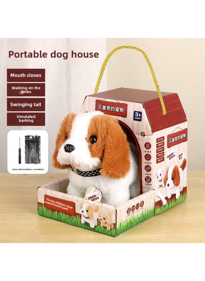 Children's Electric Simulation Small White Rabbit Will Call Girls Pet Doll Backpack Dog Gift Puzzle Plush Toy-Colors:Dark Brown Mixed White Dog + Dog House-Specifications:Battery Version