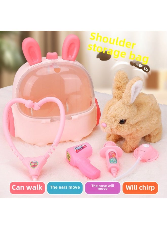Children's Electric Simulation Small White Rabbit Will Call Girls Pet Doll Backpack Dog Gift Puzzle Plush Toy-Colors:Dark Brown Mixed White Dog + Dog House-Specifications:Battery Version