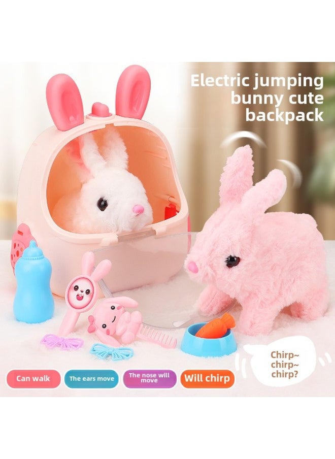 Children's Electric Simulation Small White Rabbit Will Call Girls Pet Doll Backpack Dog Gift Puzzle Plush Toy-Colors:Dark Brown Mixed White Dog + Dog House-Specifications:Battery Version