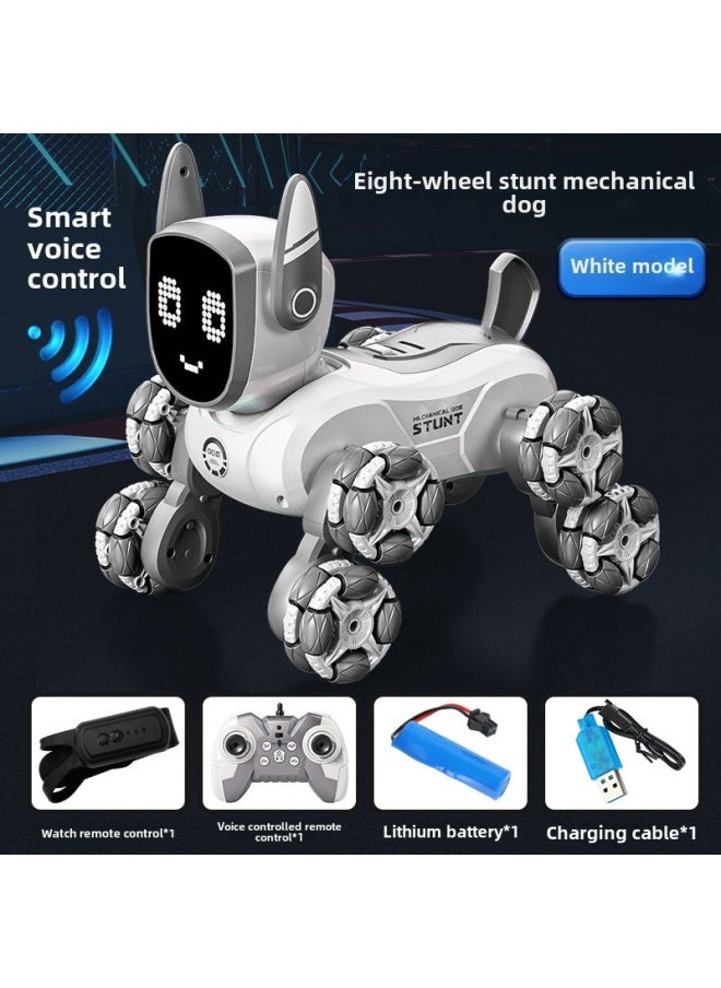 Remote Control Car Eight-wheel Stunt Mechanical Dog Climbing Off-road Vehicle Electronic Machine Dog Gesture Induction Voice Control Children's Toy-Color:Eight-wheel Mechanical Dog-white  Chinese-Specifications:Luxurious Three Batteries
