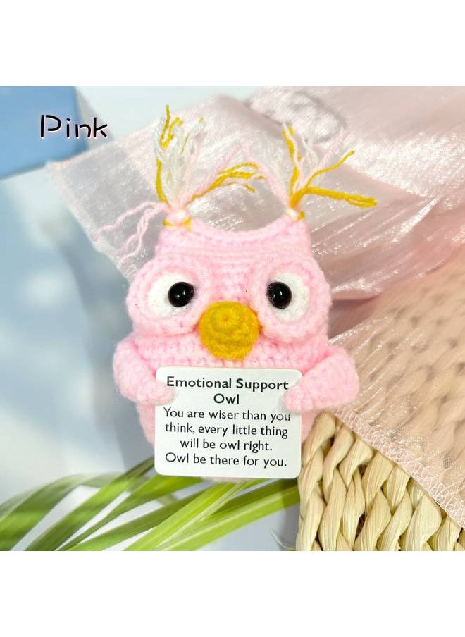 Explosions Eagle Holding Card Series Positive Energy Pure Hand-crocheted Finished Products Creative Decompression Wool Doll-Color:[finished Product] Light Pink Owl-Height:1