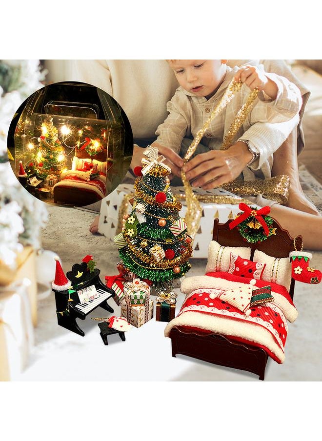 DIY Christmas Miniature Dollhouse Kit Realistic 3D House Room Craft with Bed Quilt Pillow Piano Lights Christmas Wreath Christmas Tree Xmas Gift