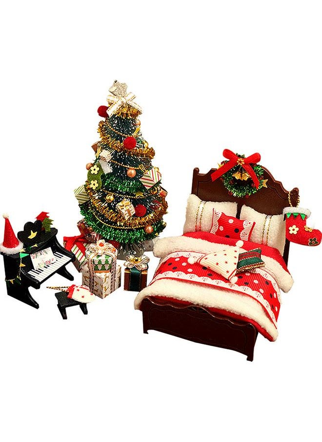 DIY Christmas Miniature Dollhouse Kit Realistic 3D House Room Craft with Bed Quilt Pillow Piano Lights Christmas Wreath Christmas Tree Xmas Gift