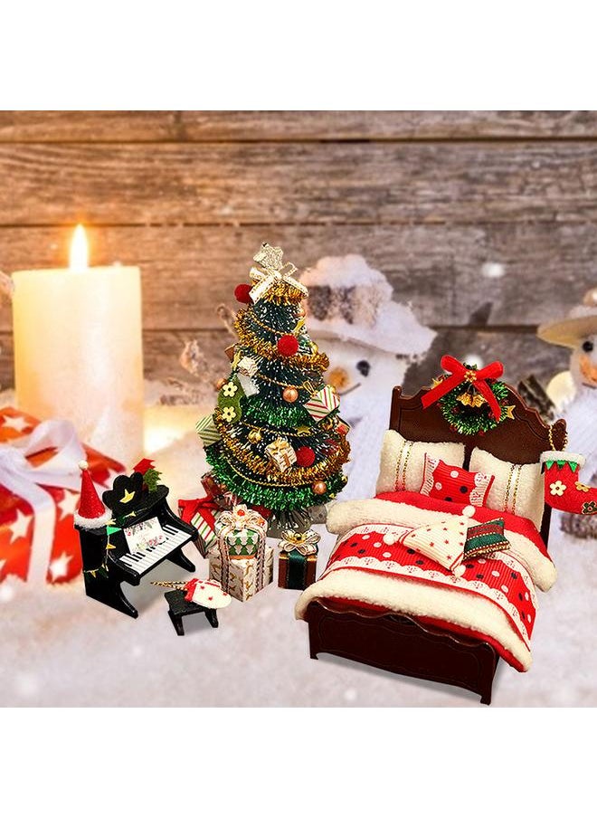 DIY Christmas Miniature Dollhouse Kit Realistic 3D House Room Craft with Bed Quilt Pillow Piano Lights Christmas Wreath Christmas Tree Xmas Gift