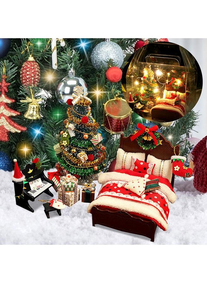 DIY Christmas Miniature Dollhouse Kit Realistic 3D House Room Craft with Bed Quilt Pillow Piano Lights Christmas Wreath Christmas Tree Xmas Gift