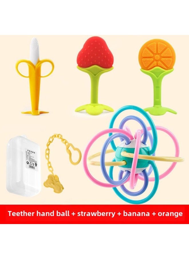 Baby Teether Teether Teether Stick Baby Bite Manhattan Hand Ball Toy Teether Silicone Boiled Deer-Color:Hand Ball + Banana + Strawberry + Orange + Chain + Storage Box